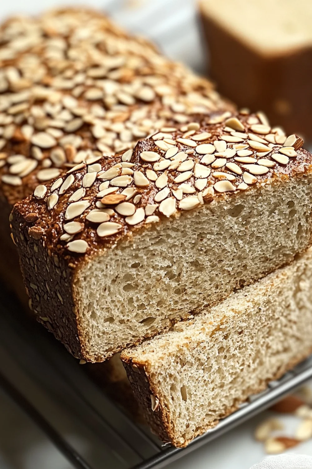 A close-up shot of freshly baked gluten-free almond flour bread, with a golden-brown crust topped with almond slices. A slice is cut to reveal the soft, fluffy interior.