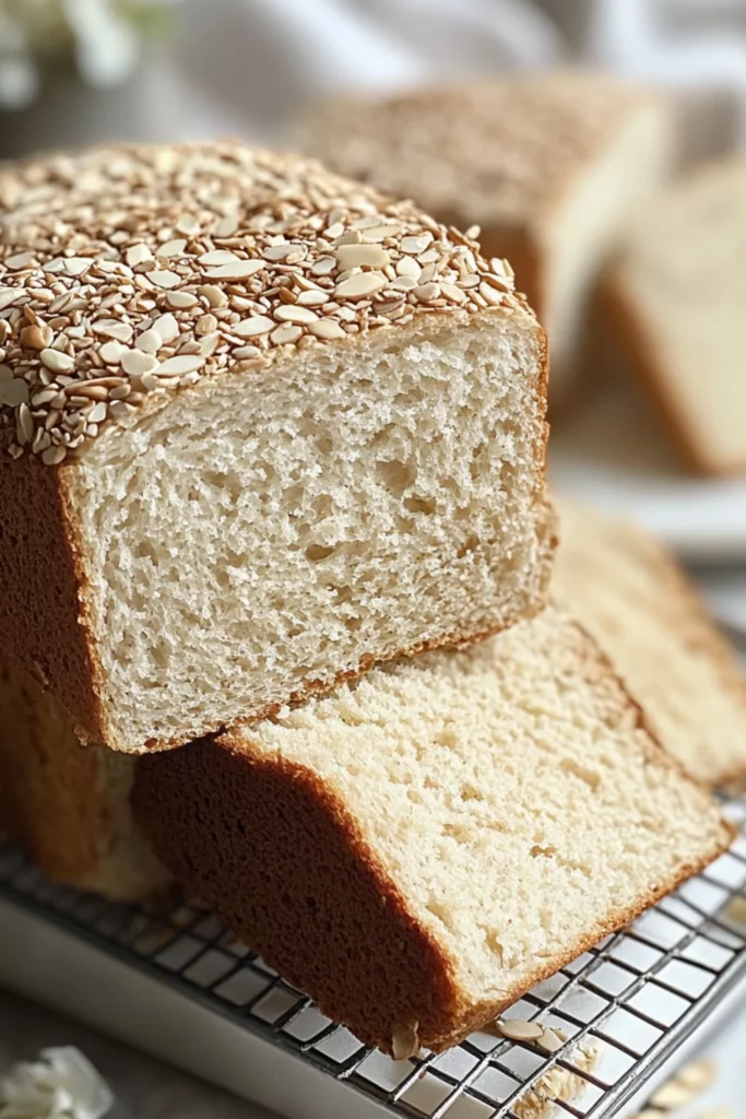 A close-up shot of freshly baked gluten-free almond flour bread, with a golden-brown crust topped with almond slices. A slice is cut to reveal the soft, fluffy interior.
