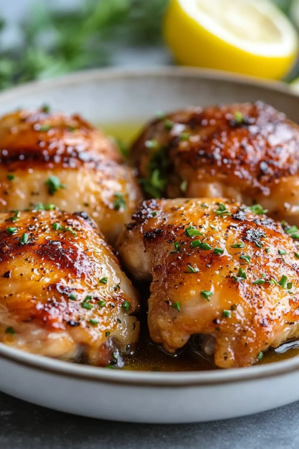Close-up of Honey Garlic Lemon Pepper Chicken Thighs garnished with fresh parsley and a slice of lemon.