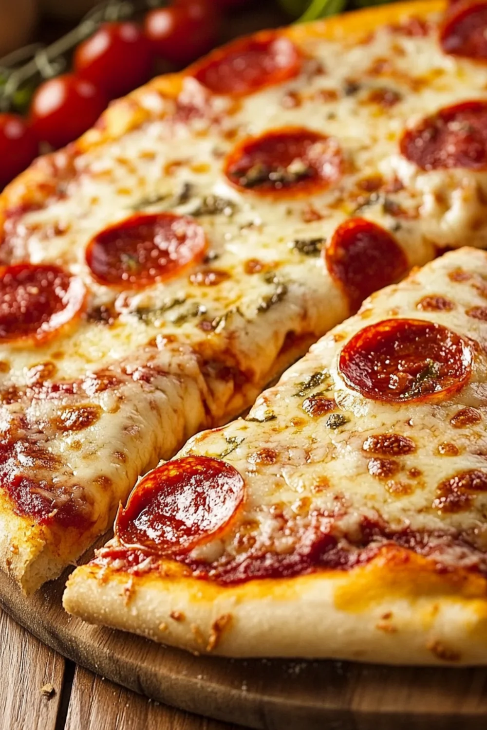 A close-up view of a homemade pepperoni pizza, showcasing melted cheese and perfectly cooked pepperoni slices.