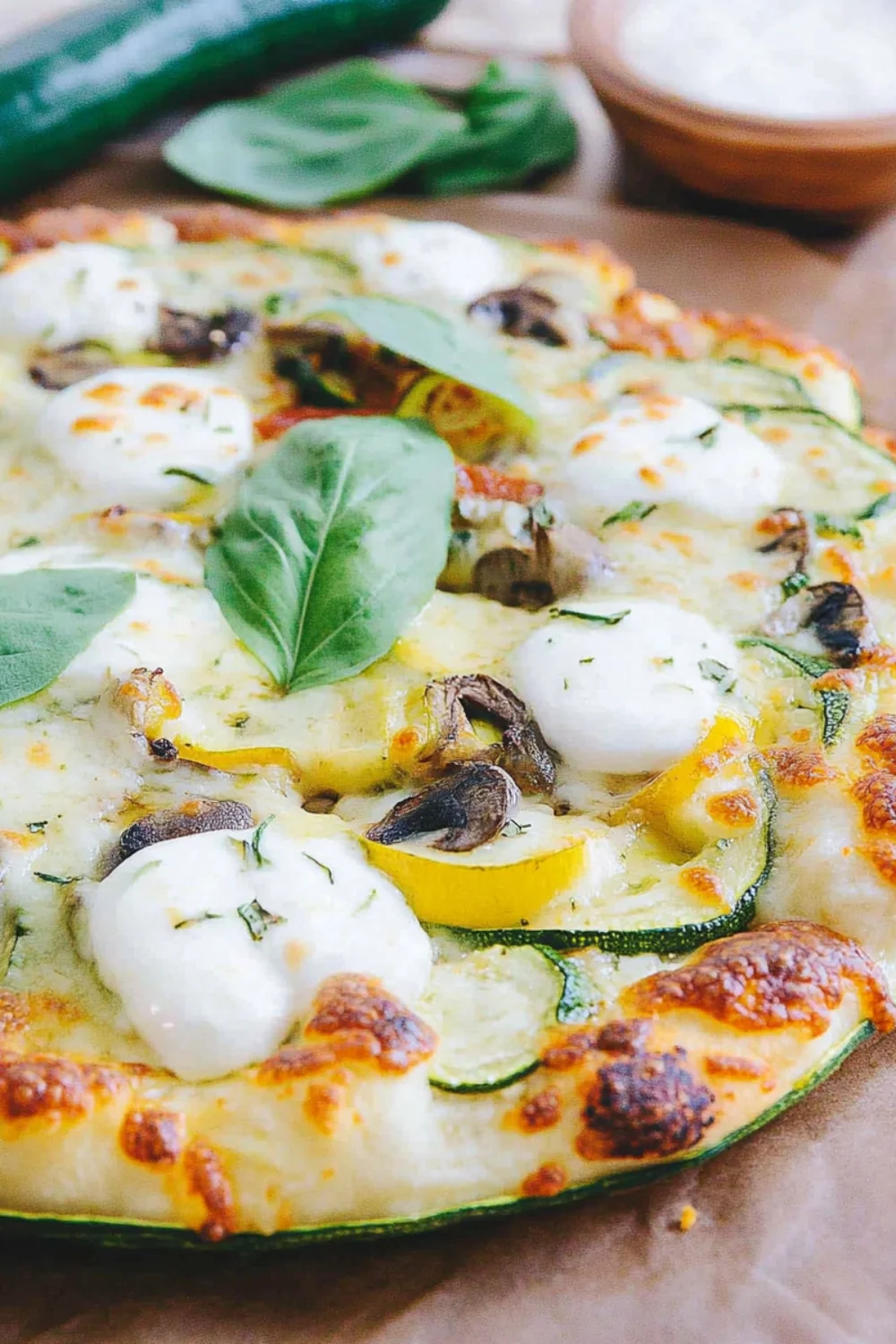 A close-up of a zucchini and mushroom pizza topped with mozzarella and fresh spinach.