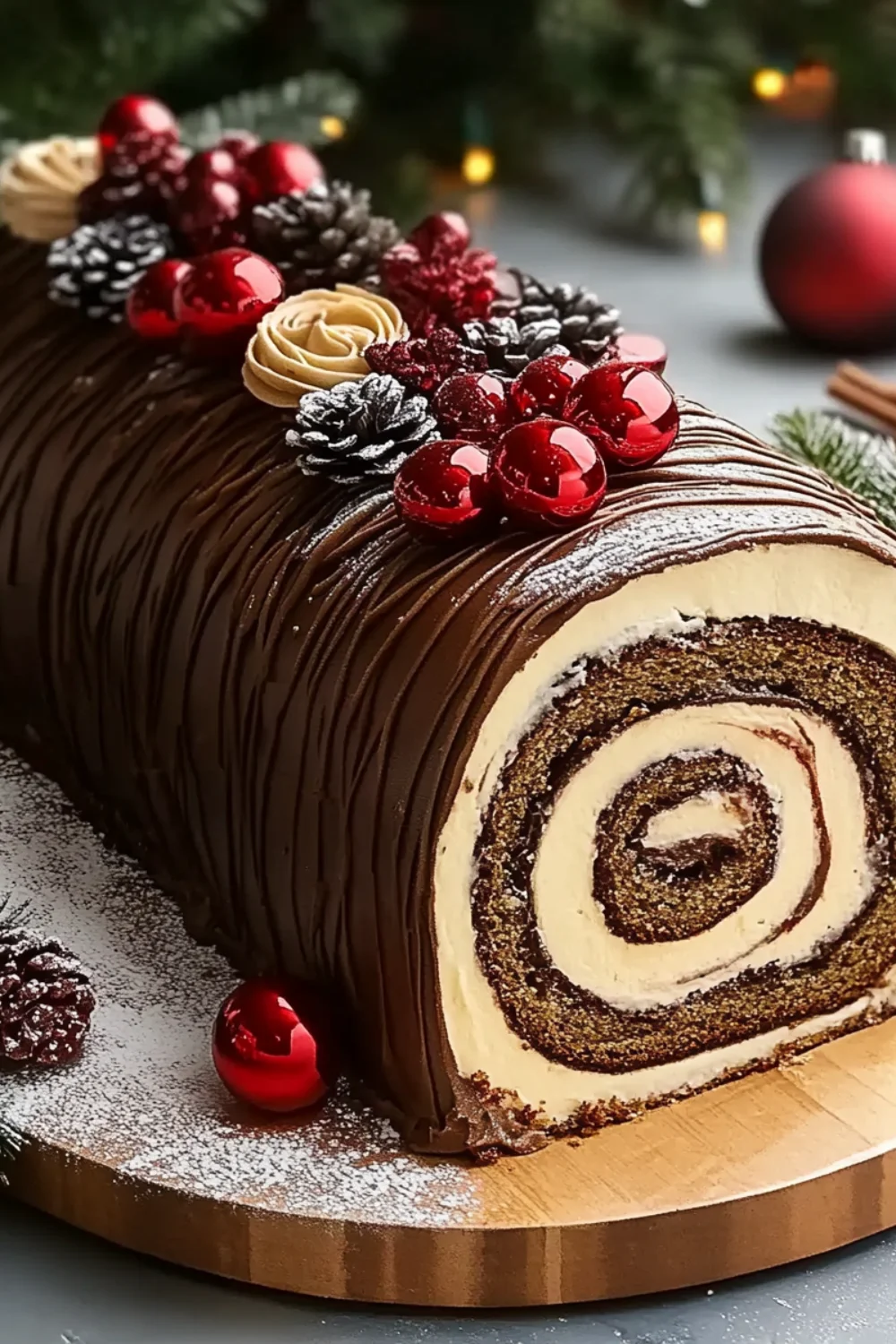 A festive chocolate Yule log cake with a rich chocolate coating, decorated with red berries, pinecones, and powdered sugar, with a swirl of cream filling visible at the cut end.