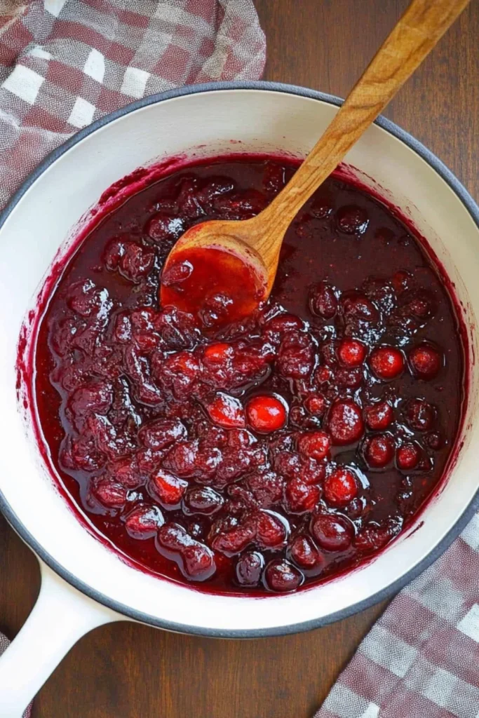 A white pot filled with thick, rich cranberry chutney, featuring whole cranberries and a glossy, deep red sauce, stirred with a wooden spoon.