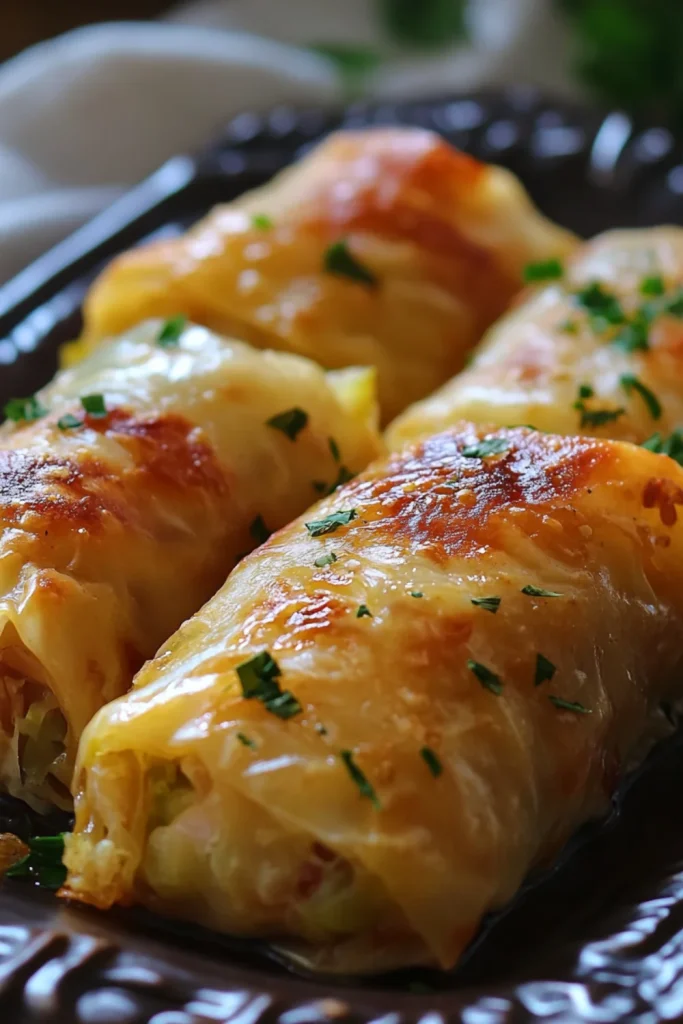 Baked sour cabbage rolls filled with seasoned meat and rice, topped with fresh thyme, in a white baking dish.
