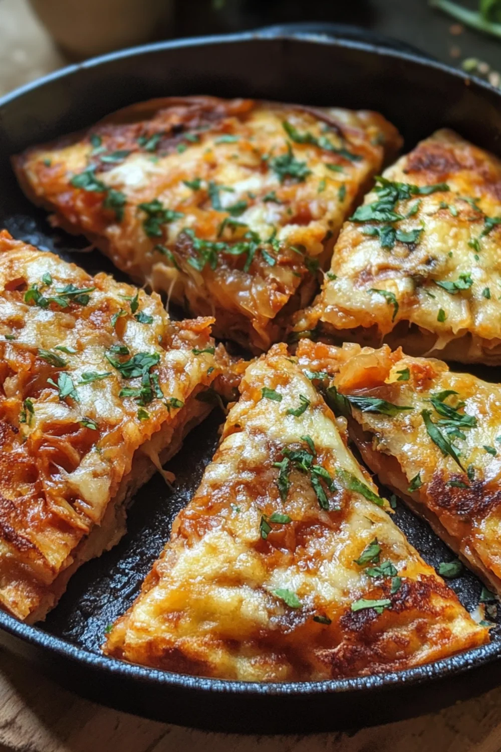 A skillet of crispy golden Korean Kimchi Pancakes, garnished with fresh herbs, cut into slices for serving.