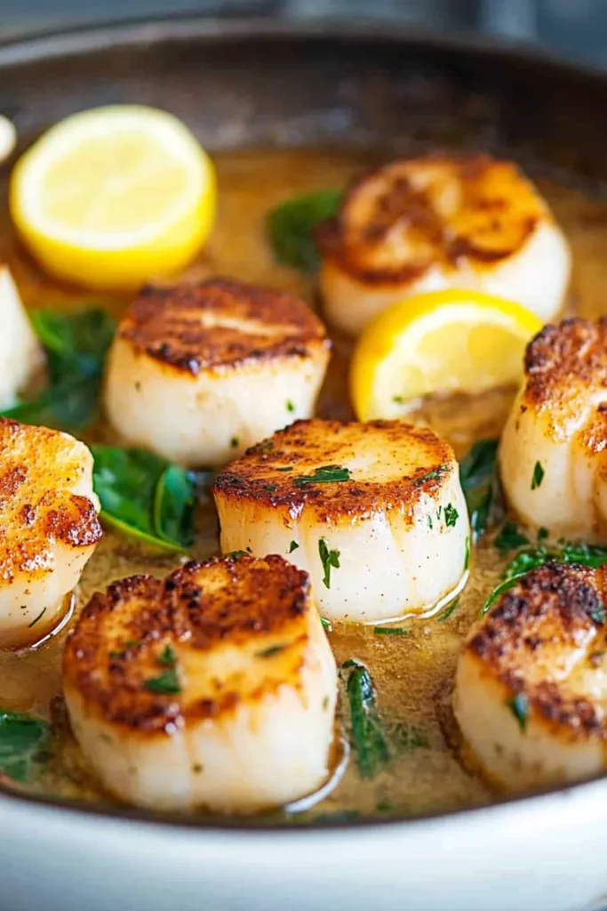 Close-up of Gordon Ramsay Pan Seared Scallops, perfectly golden on the outside, served on a creamy sauce and garnished with fresh chives, with a side of buttery corn.