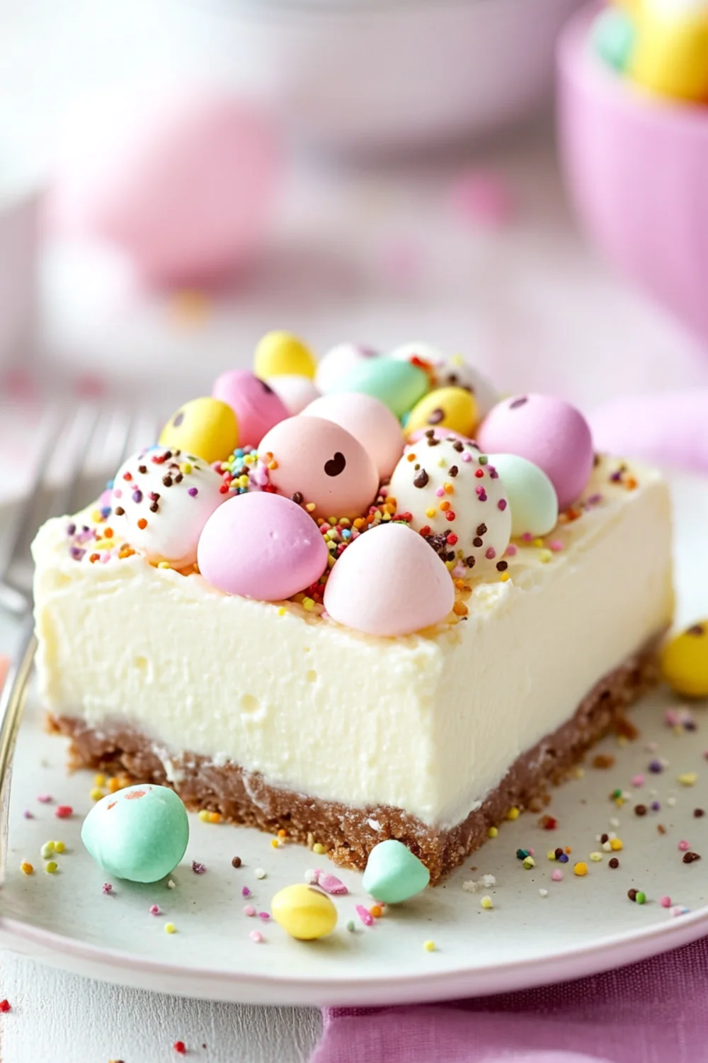 A delicious Easter dessert featuring a creamy layered lemon tart with a buttery crust, topped with whipped cream and pink flower petals for a festive touch.