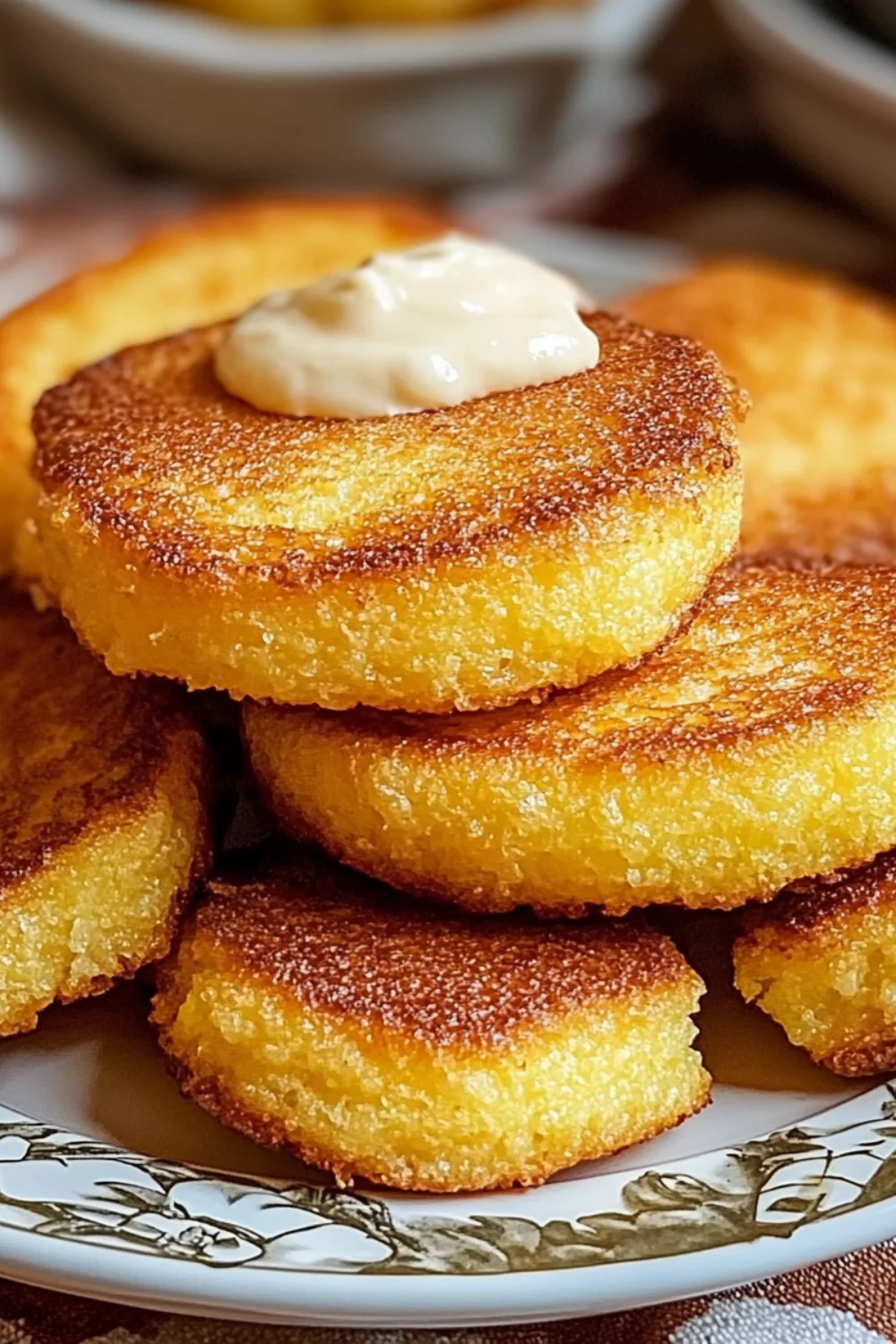 A plate of golden-brown southern fried cornbread, perfectly crispy on the outside and soft on the inside.