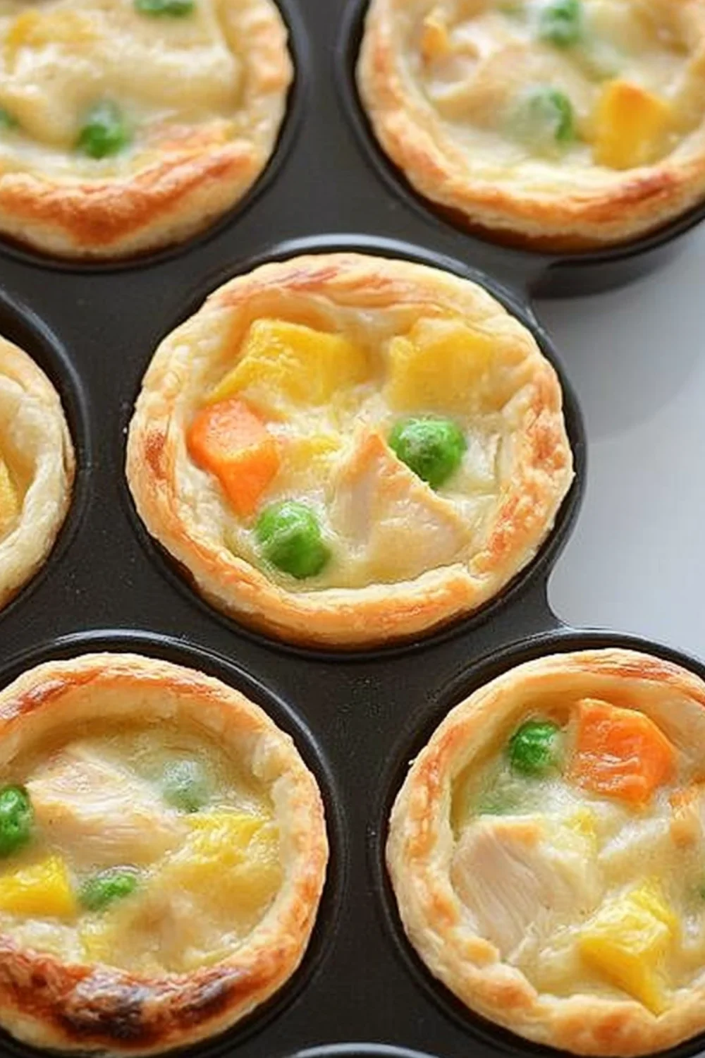 Freshly baked mini chicken pot pies in a muffin tin, filled with colorful vegetables and creamy filling.