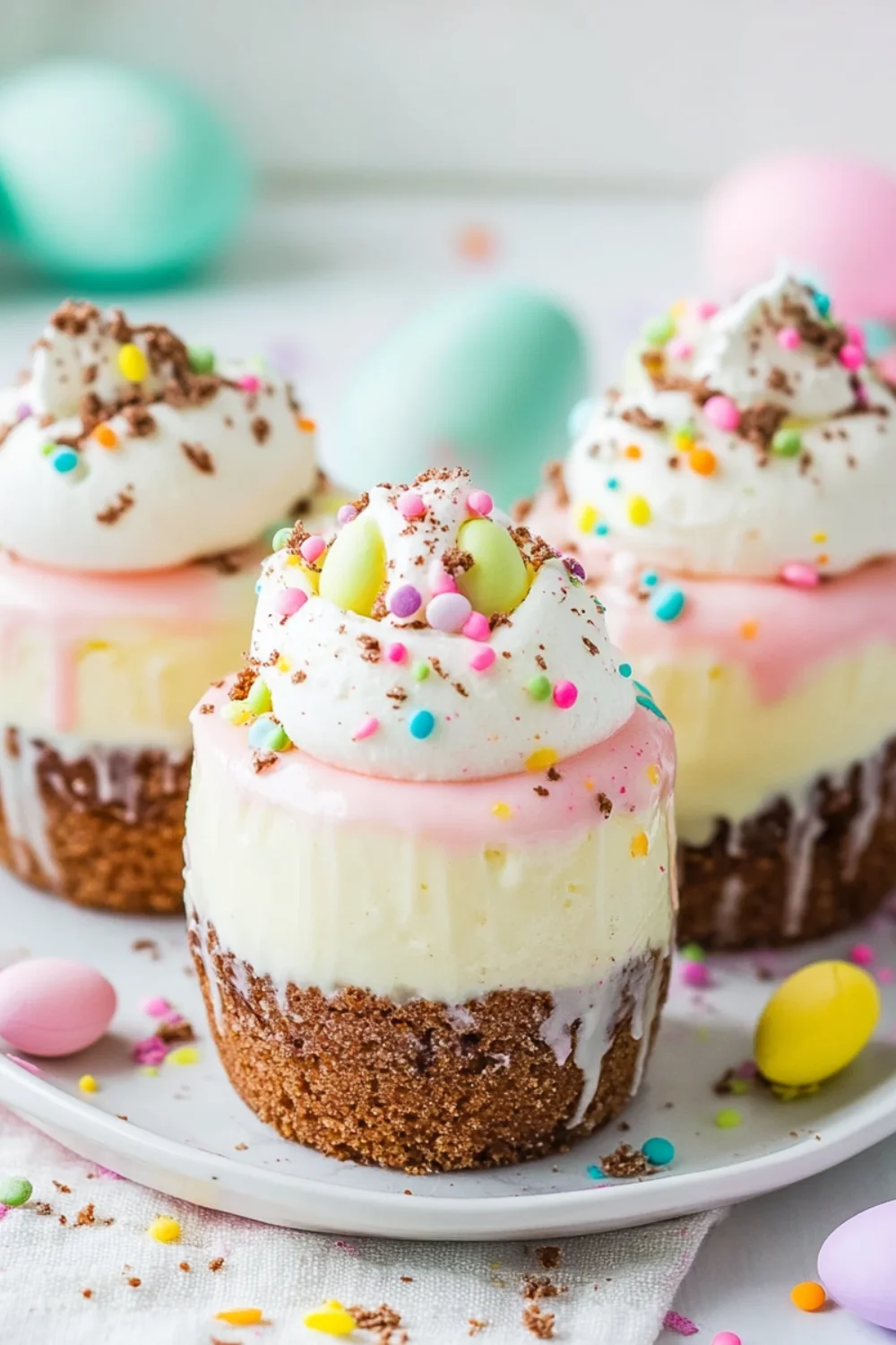 A close-up of mini cheesecake cups with a graham cracker crust, topped with whipped cream, colorful sprinkles, and pastel chocolate eggs, perfect for an Easter dessert.