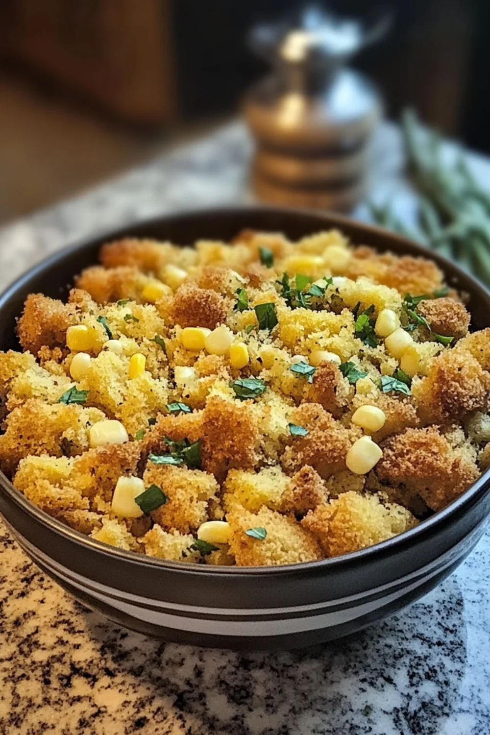 A bowl of old-fashioned cornbread dressing topped with corn kernels and fresh parsley, showcasing its golden, crumbly texture.