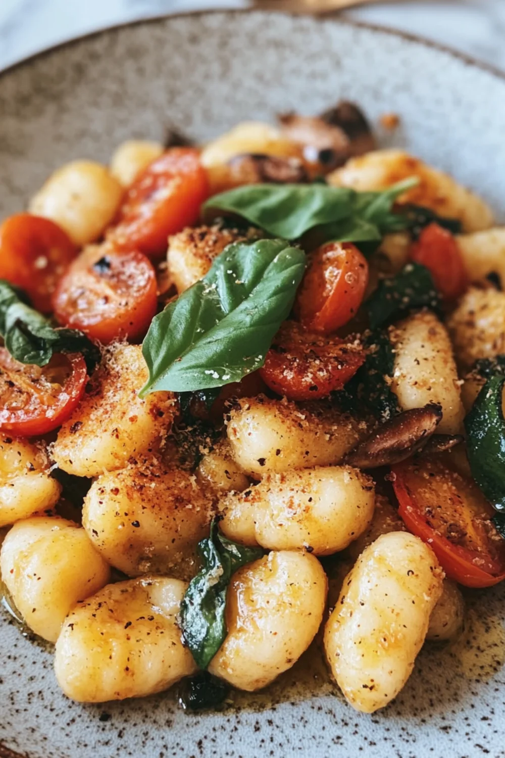 A bowl of breakfast gnocchi topped with two fried eggs, served with tomatoes, herbs, and potatoes.