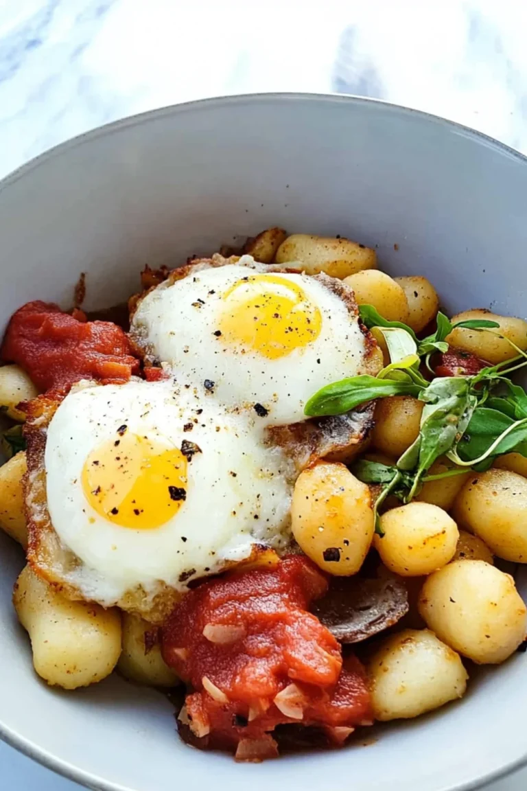 A bowl of breakfast gnocchi topped with two fried eggs, served with tomatoes, herbs, and potatoes.