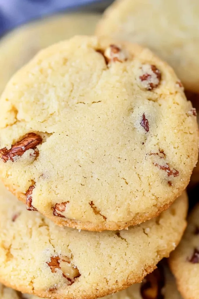 Close-up of Homemade Pecan Sandies cookies with whole pecans pressed into the center of each cookie.