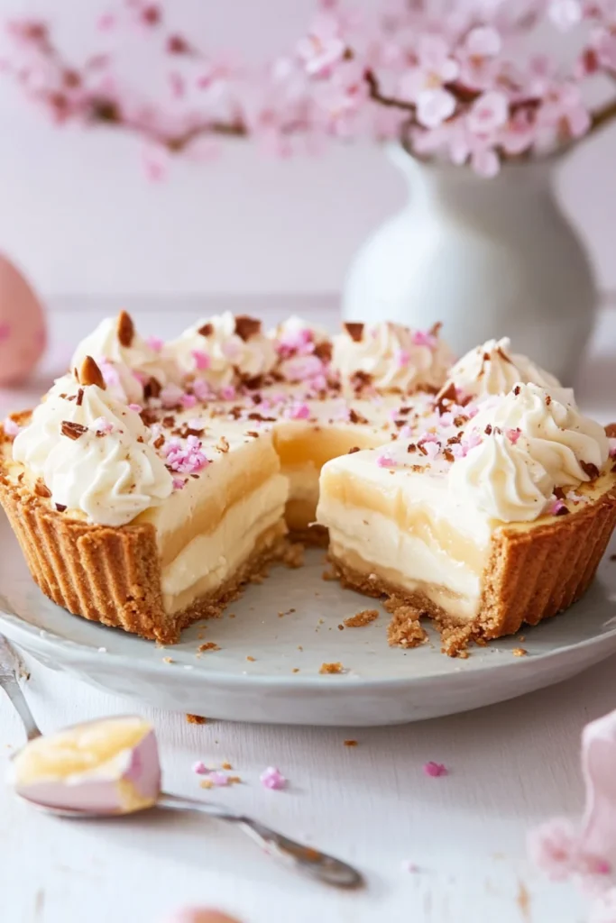 A delicious Easter dessert featuring a creamy layered lemon tart with a buttery crust, topped with whipped cream and pink flower petals for a festive touch.