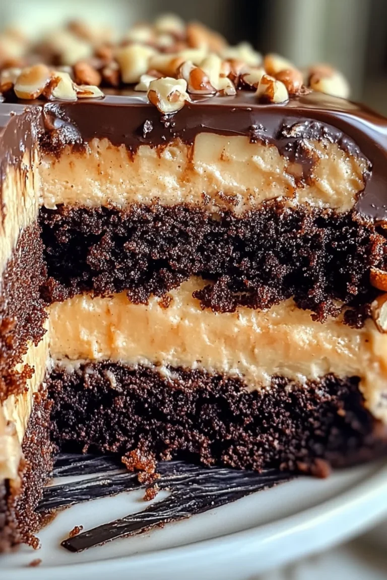 A close-up of a Chocolate Caramel Toffee Crunch Cake with layers of rich chocolate cake, caramel, toffee filling, and topped with crunchy nuts.