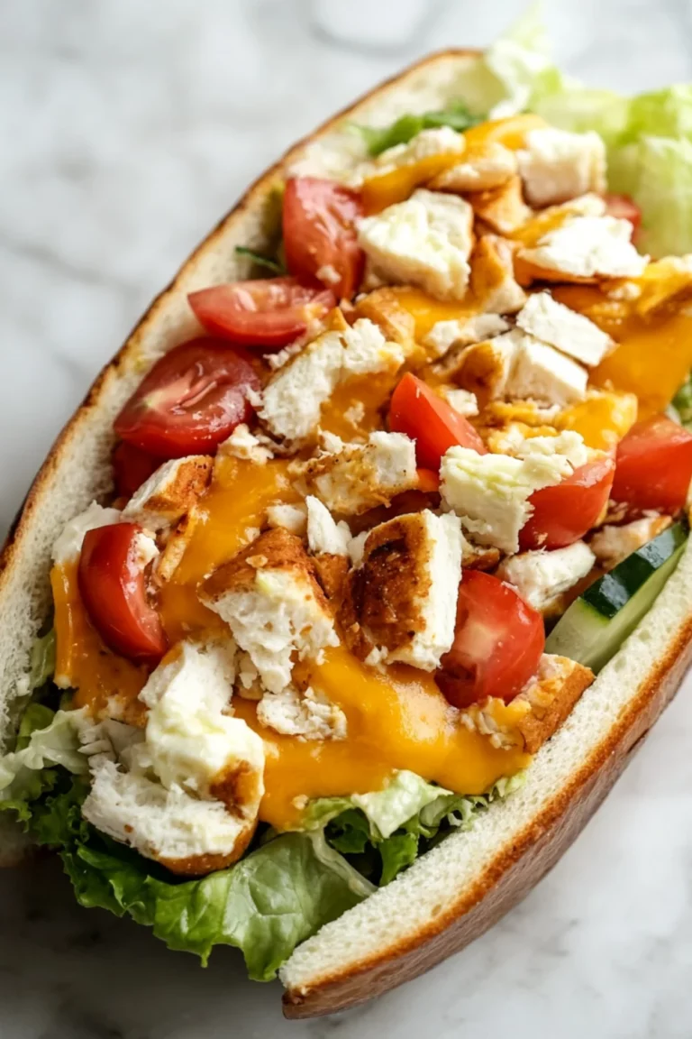 A close-up of a Cobb Salad Sub featuring grilled chicken, tomatoes, shredded cheddar cheese, and fresh vegetables like cucumbers and lettuce, all piled inside a toasted sub roll.