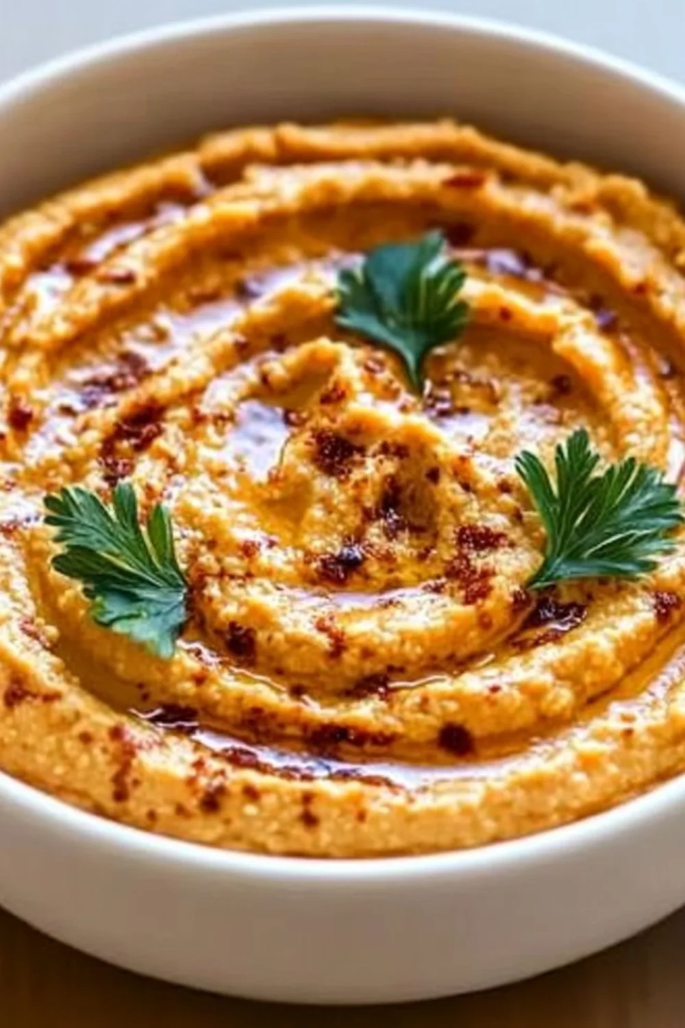 Creamy and smooth Carrot Hummus, garnished with fresh parsley and a drizzle of olive oil, offering a deliciously vibrant orange color.