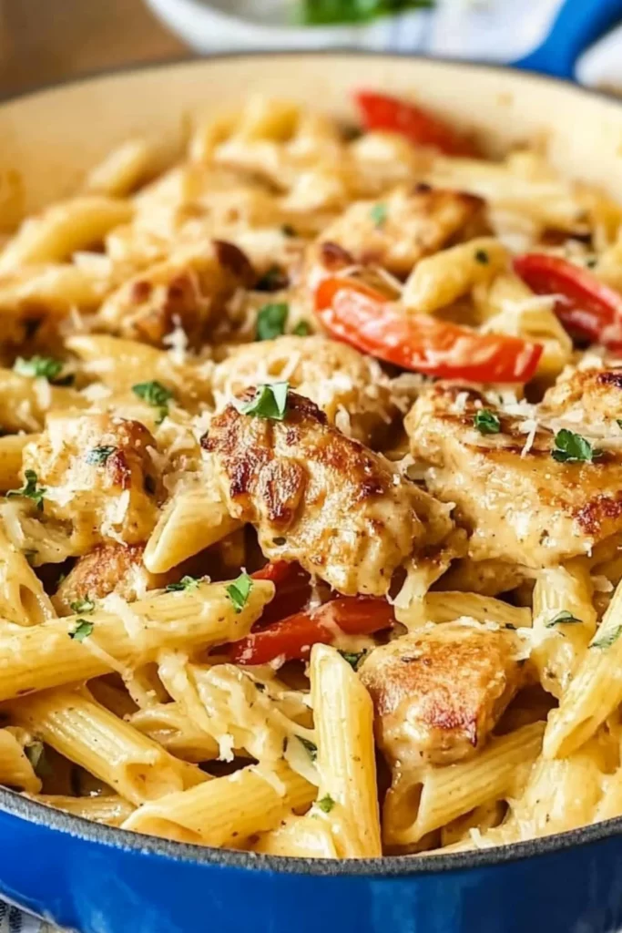 A close-up view of Cajun pasta with grilled chicken, penne pasta, colorful bell peppers, and a creamy sauce, garnished with fresh herbs.
