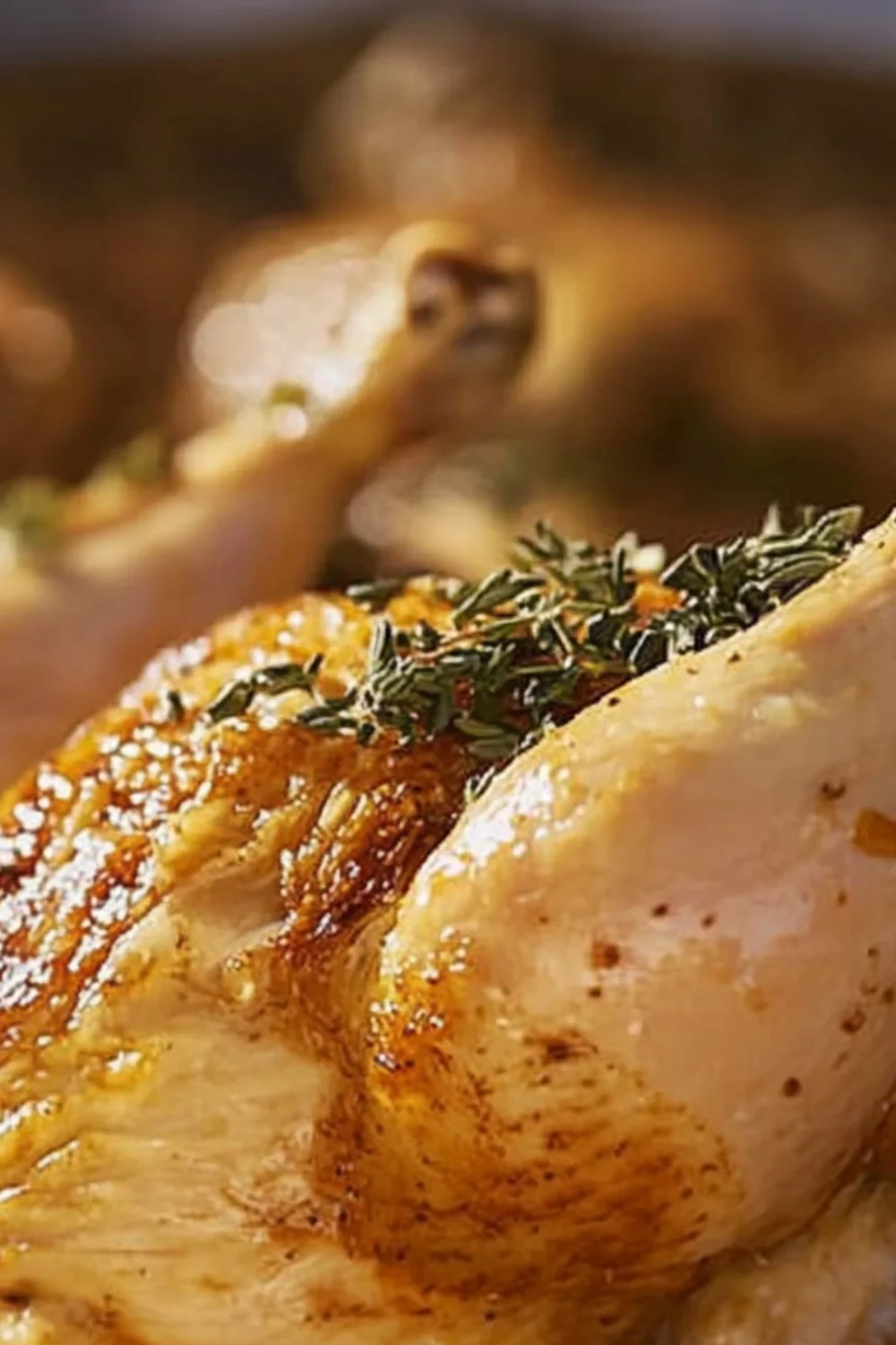 A close-up of a beautifully roasted Amish chicken, seasoned and garnished with fresh thyme.