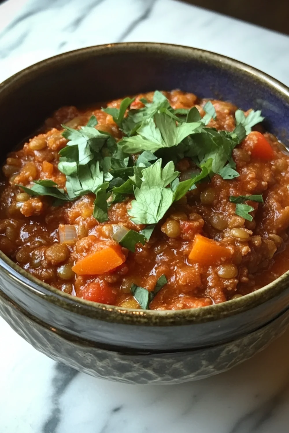A bowl of Lentil Bolognese garnished with fresh parsley, featuring a rich tomato sauce with lentils, carrots, and onions.