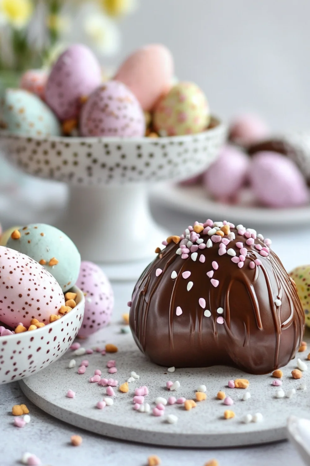 A close-up shot of a chocolate Easter egg covered with pastel sprinkles, surrounded by colorful speckled chocolate eggs on a gray stone platter, creating a festive Easter display.