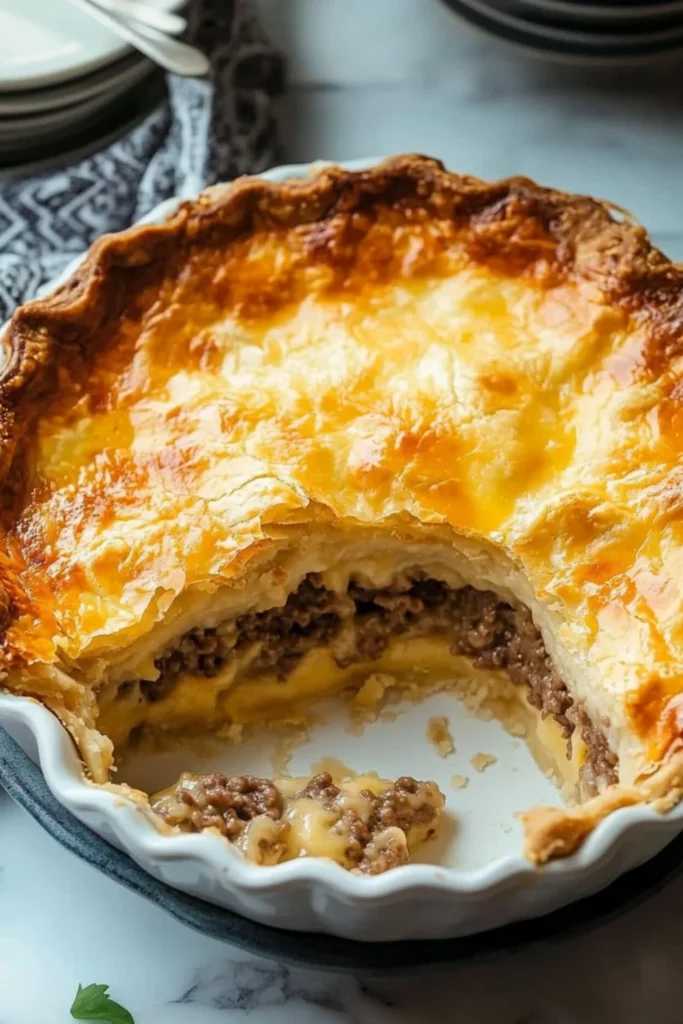 A close-up of Grandma's Bacon Cheeseburger Pie with a golden, flaky crust. The pie has a rich filling made with ground beef, bacon, cheese, and a creamy layer, with a slice taken out.