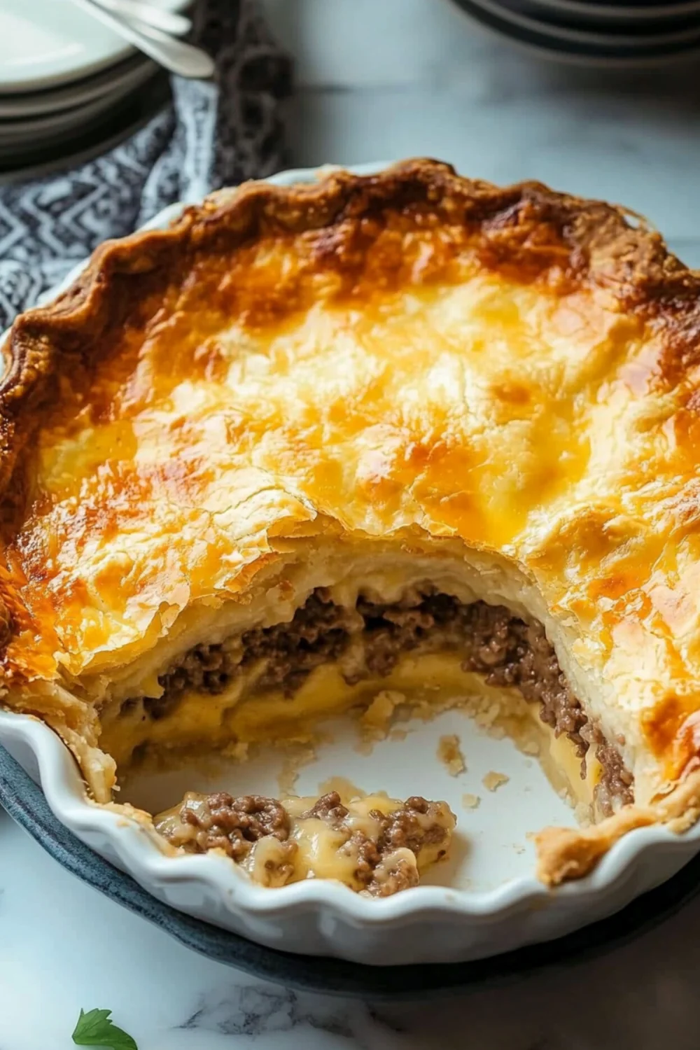 A close-up of Grandma's Bacon Cheeseburger Pie with a golden, flaky crust. The pie has a rich filling made with ground beef, bacon, cheese, and a creamy layer, with a slice taken out.