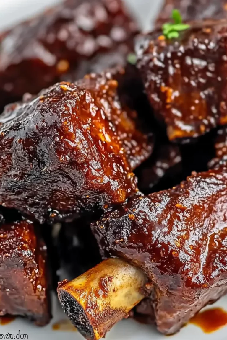 Close-up of juicy, glazed boneless country-style ribs coated in thick, sticky barbecue sauce.