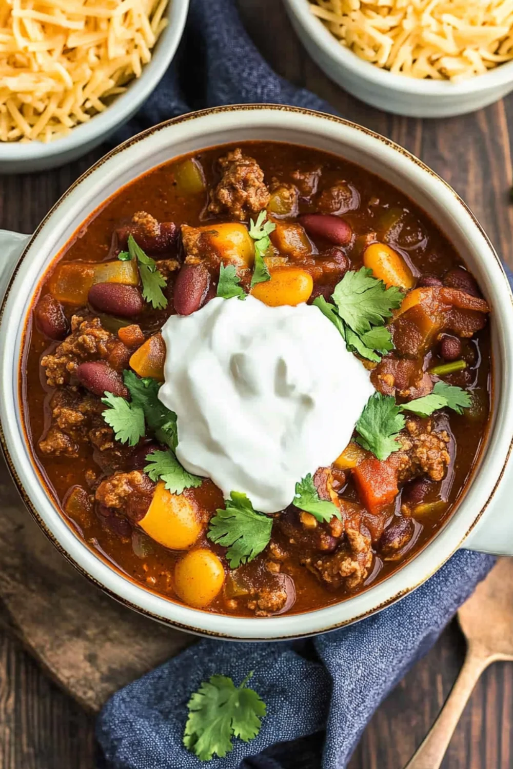 Bowl of hearty steak chili topped with sour cream and cilantro, with visible kidney beans, ground steak, and bell peppers.