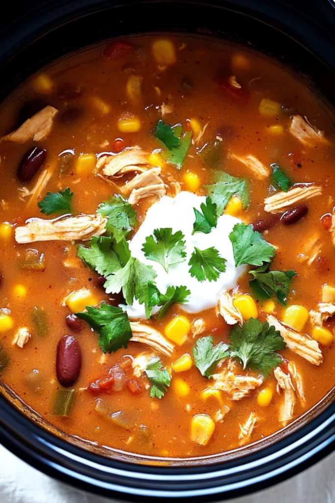 Bowl of chicken taco soup with shredded chicken, beans, corn, tomatoes, and green chilies topped with sour cream and cilantro.
