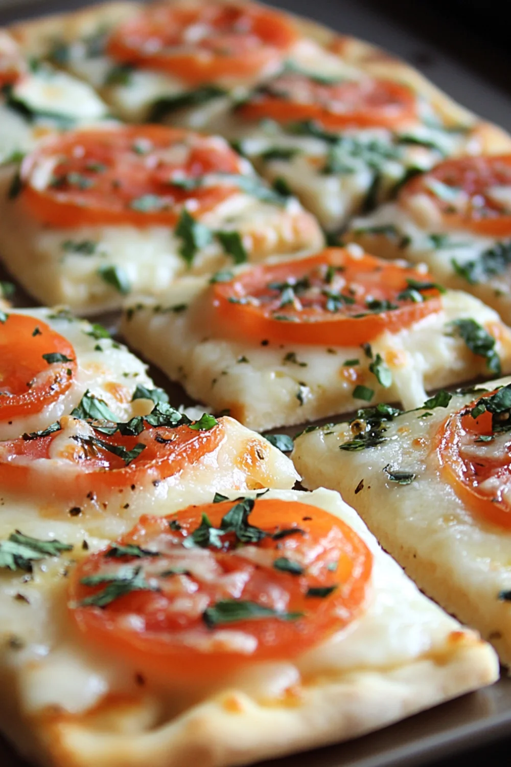 Close-up of sliced Margherita pizza topped with fresh tomato slices, melted mozzarella, chopped basil, and a golden thin crust.