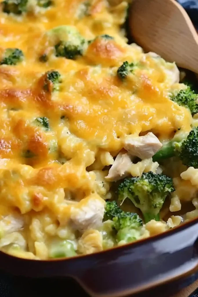 Cheesy baked chicken and broccoli casserole with golden melted cheese on top, served in a ceramic dish.