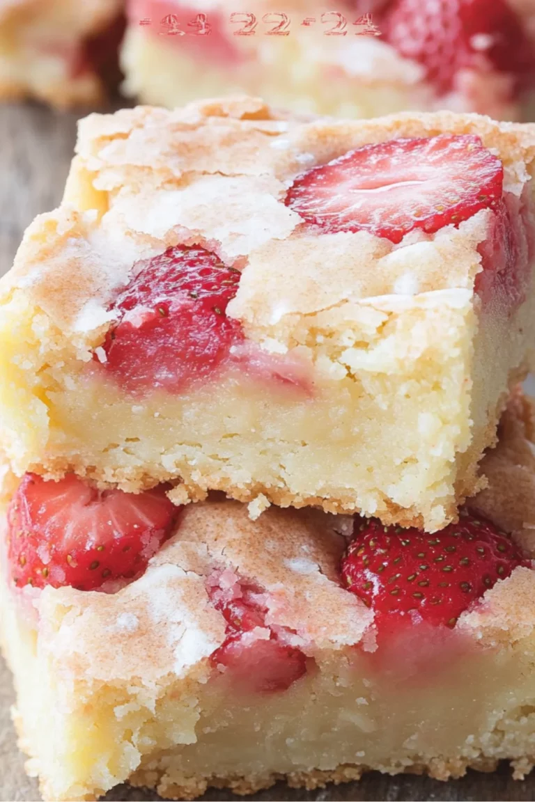 Close-up of strawberry lemon blondies, showcasing fresh strawberries baked into a soft and chewy blondie with a crumbly texture.