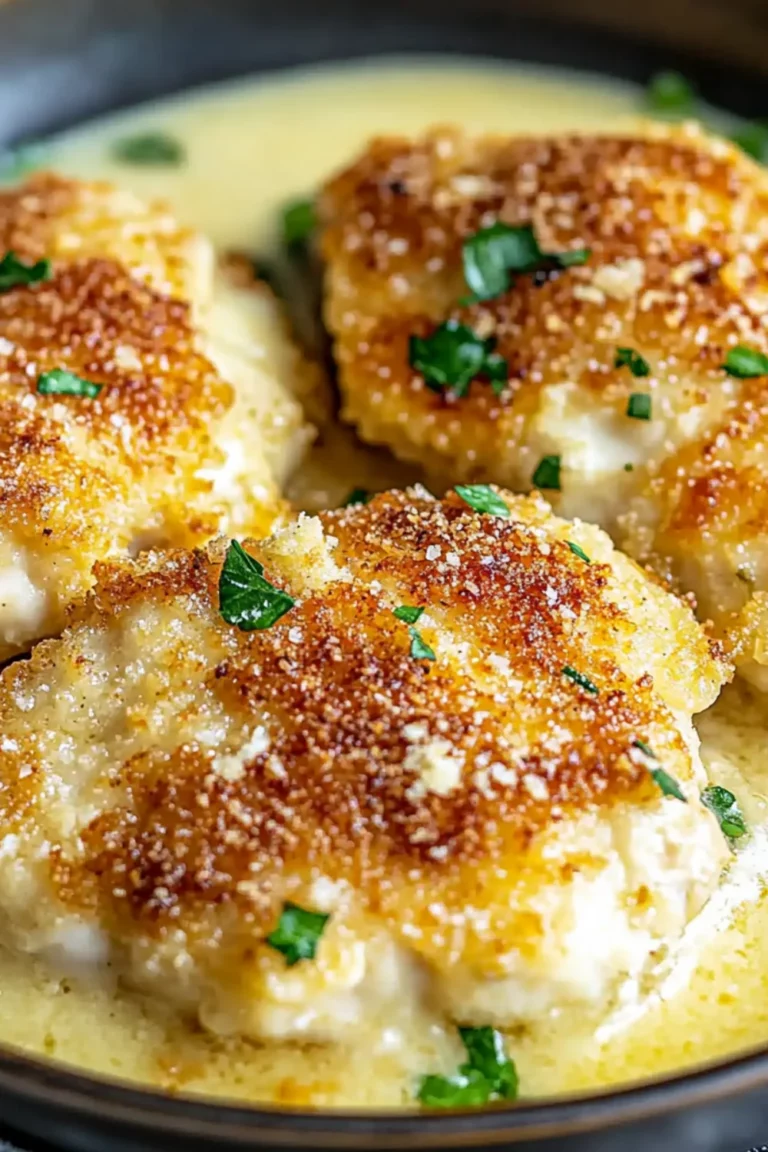 Golden, crispy parmesan crusted chicken breasts topped with herbs and served in a creamy sauce.
