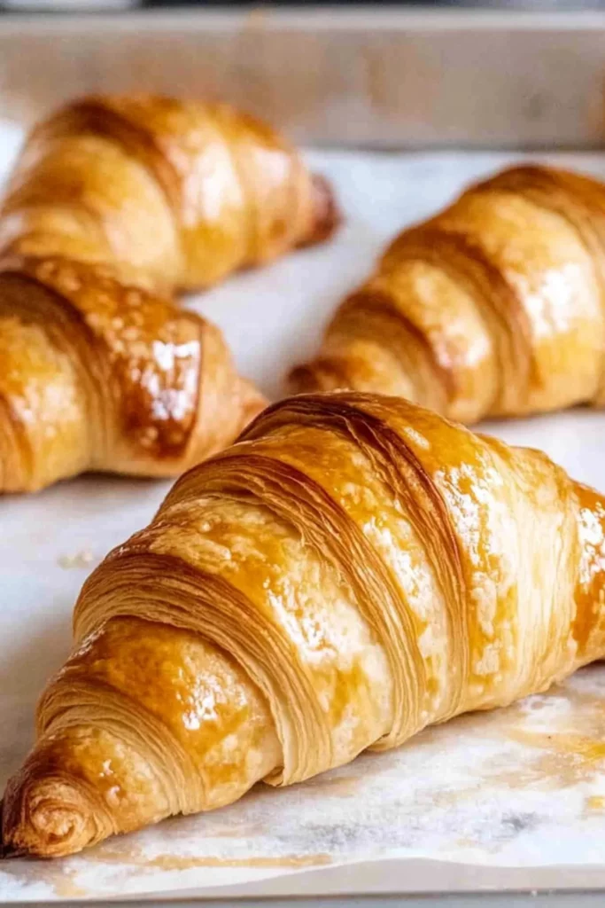 Golden, flaky croissants fresh out of the oven, with a crispy golden exterior and soft layers inside.