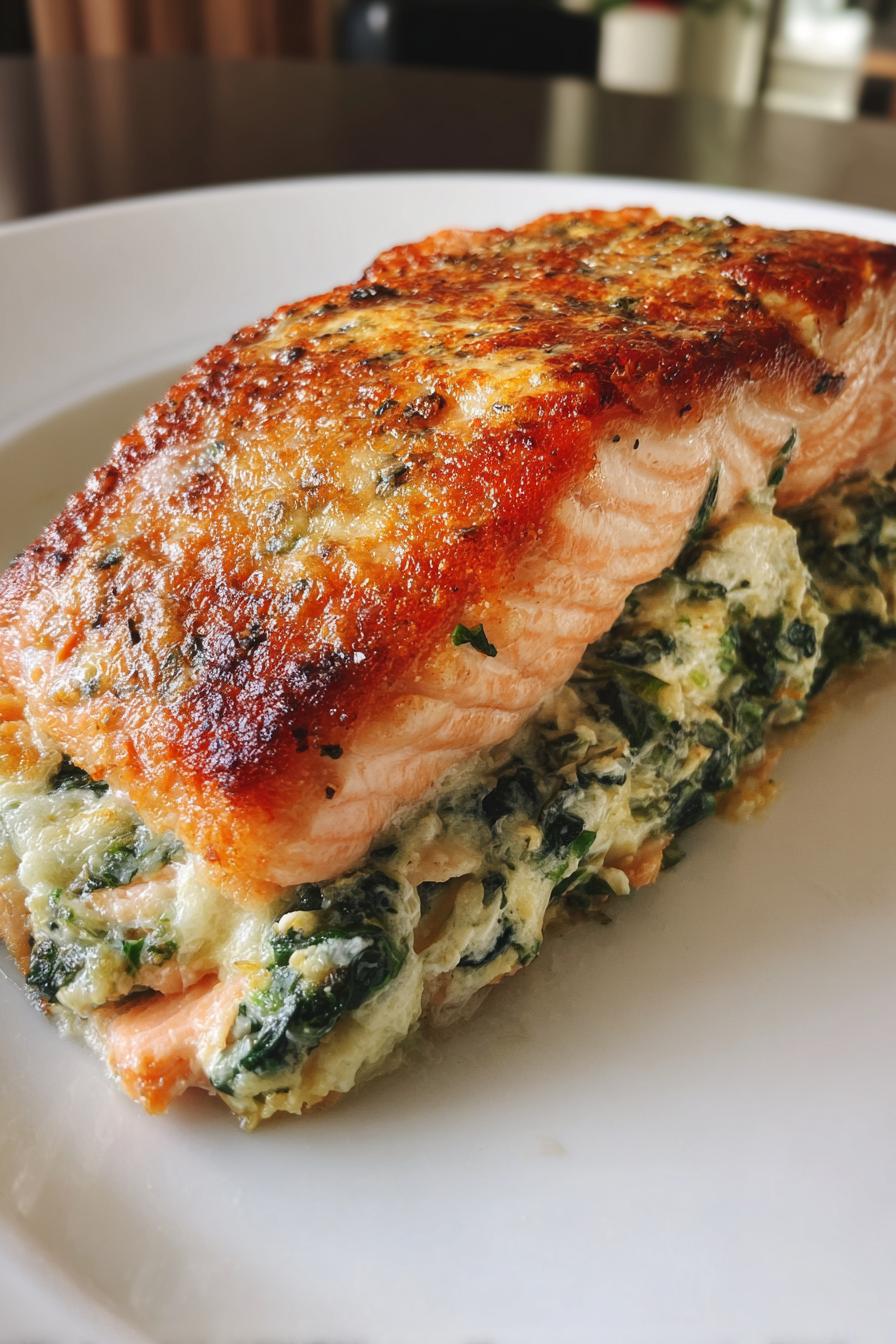 creamy spinach and artichoke stuffed salmon